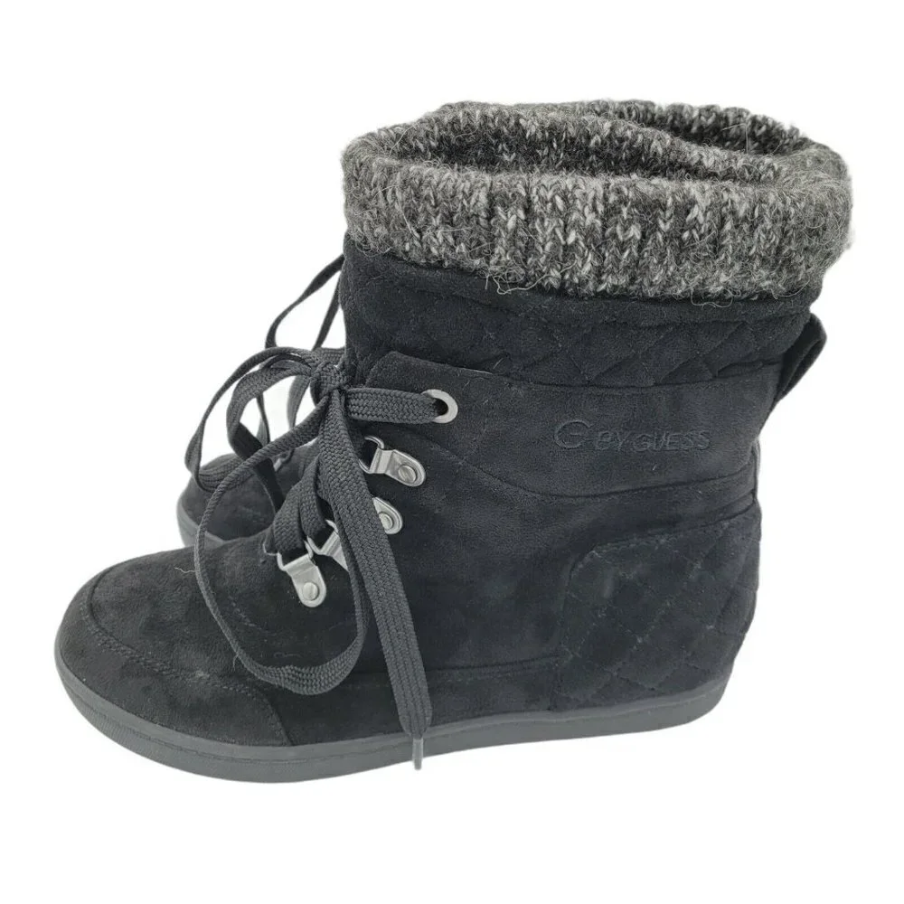 G BY GUESS Sz 6 Black Microsuede Ankle Boots Quilted Heel Lace Up Knitted NWOT